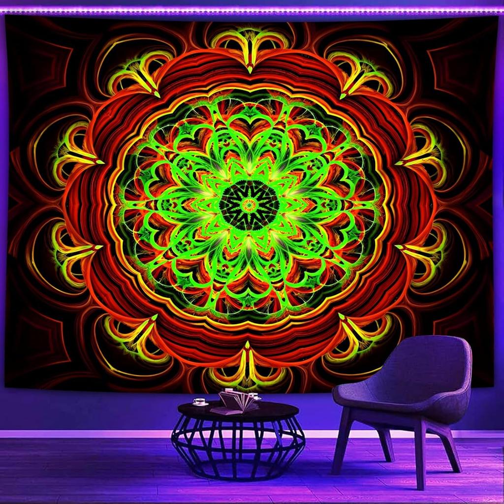 Blacklight Trippy Mandala Tapestry, Boho Black Light Posters for Adults UV Reactive Room Decor for Bedroom Wall