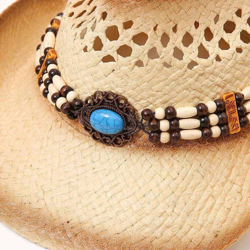 Boho Örgülü Zincirli Kovboy Şapkası Vintage Nefes Alabilir Güneşlik Hasır Şapka Unisex Güneş Şapkaları Seyahat Plaj Şapkası Kadınlar Erkekler İçin