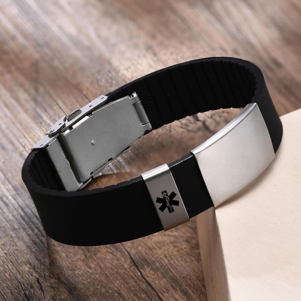 Custom Engrave Blank ID Bracelets for Women,Casual Silicone Wristband with Stainless Steel Medical Logo Tag,Length Adjustable