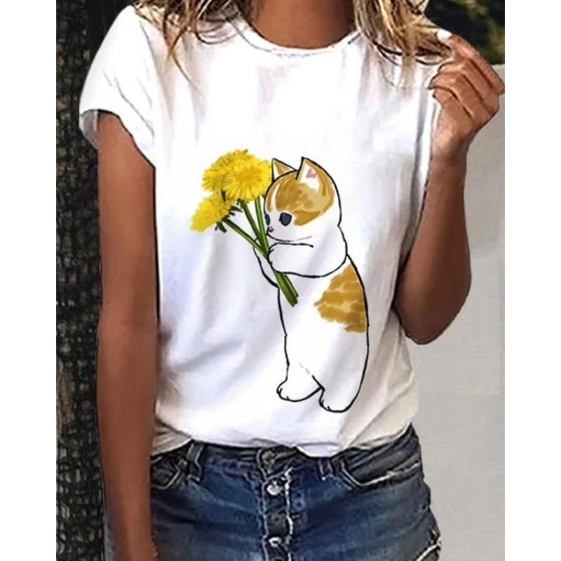 Summer Round Neck 3D Feather Animal Simplicity Print Top Fashionable Casual Short Sleeved Women's T-shirts