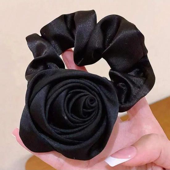 Dámský prsten do vlasů 3D dekor růže květ Hladký saténový elastický pásek do vlasů spona do vlasů vhodný k pokožce hlavy, vlasový pásek do vlasů