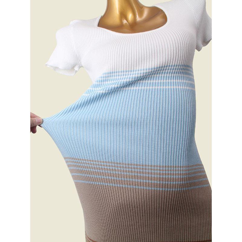 Export Square Collar Stripes Inner Dress Fashion Style Short Sleeve Silm College Knitting Sheath Dress