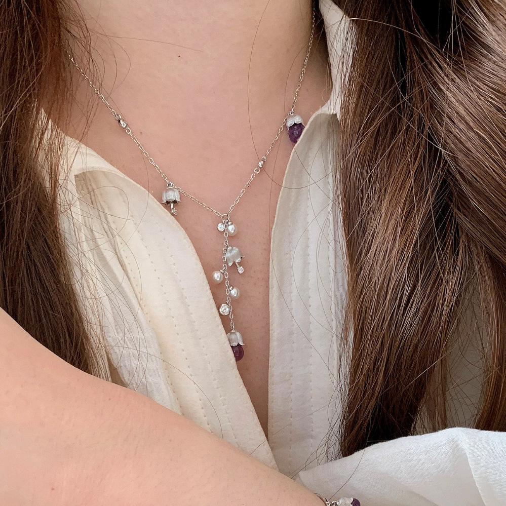 Exquis cristal violet muguet pompon brossé chaîne en Y colliers longs accessoire perle onirique cadeaux