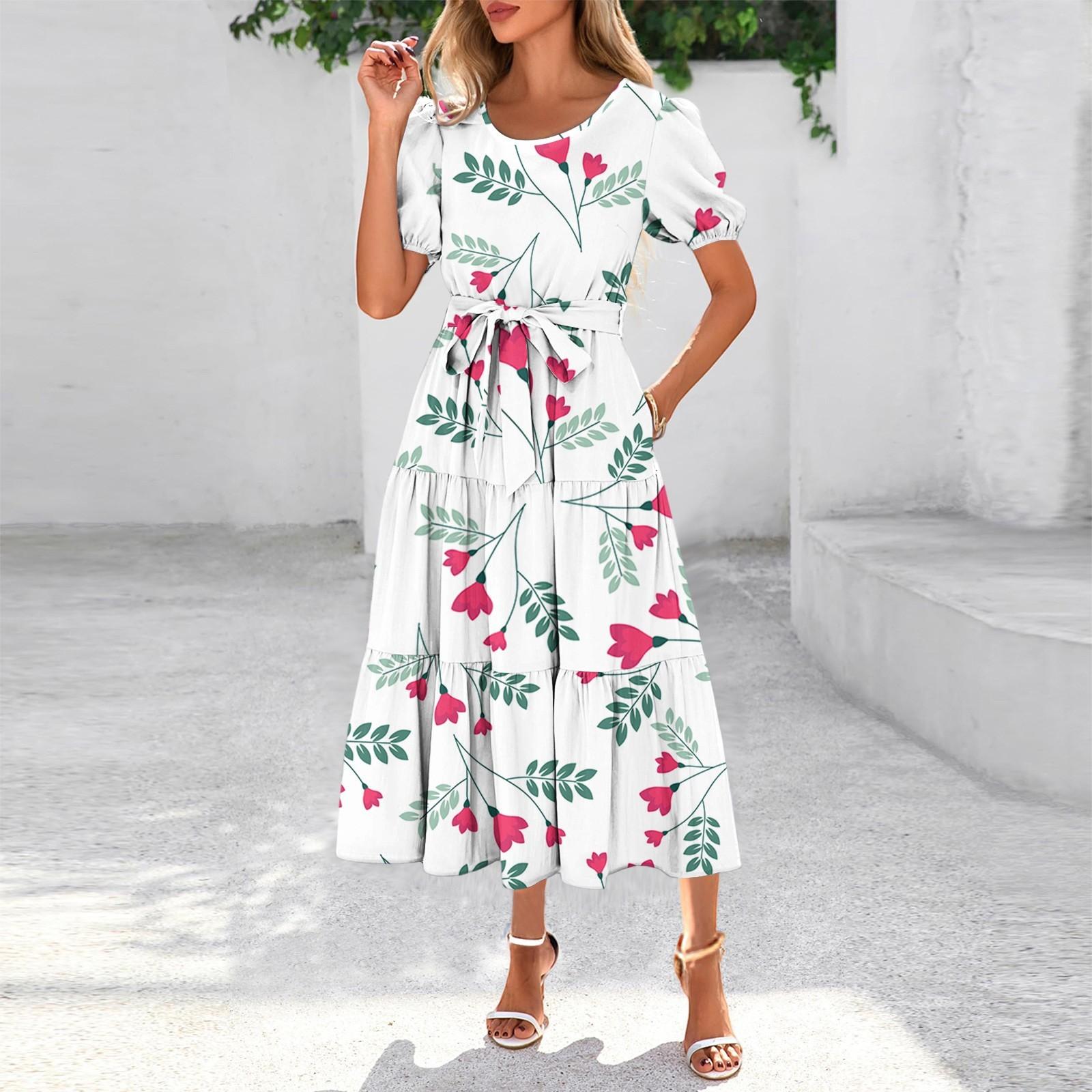 

Женское летнее макси-платье в богемном стиле, свободного кроя, с коротким рукавом, круглым вырезом, поясом и карманами M бежевый