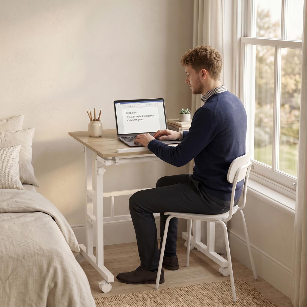 Sit-Stand Desk, Height Adjustable, 70 x 60 cm, Casters, Tilting Top, Brown Metal Frame