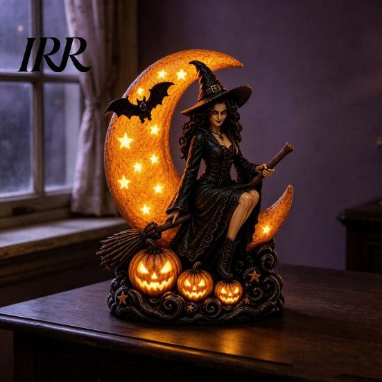 Resin Gothic Home Decor Halloween Witch Lamp, Crescent Moon LED Night Light, Collectible Sculpture Spooky Decorative Table Lamp for Bedroom Bookshelf