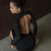 Elegant Slim Fit Long Sleeve Sexy Backless Dress Women Summer Slit Casual High Waist Black Long Dresses Women Fashion Stand Collar Party Dress 26443