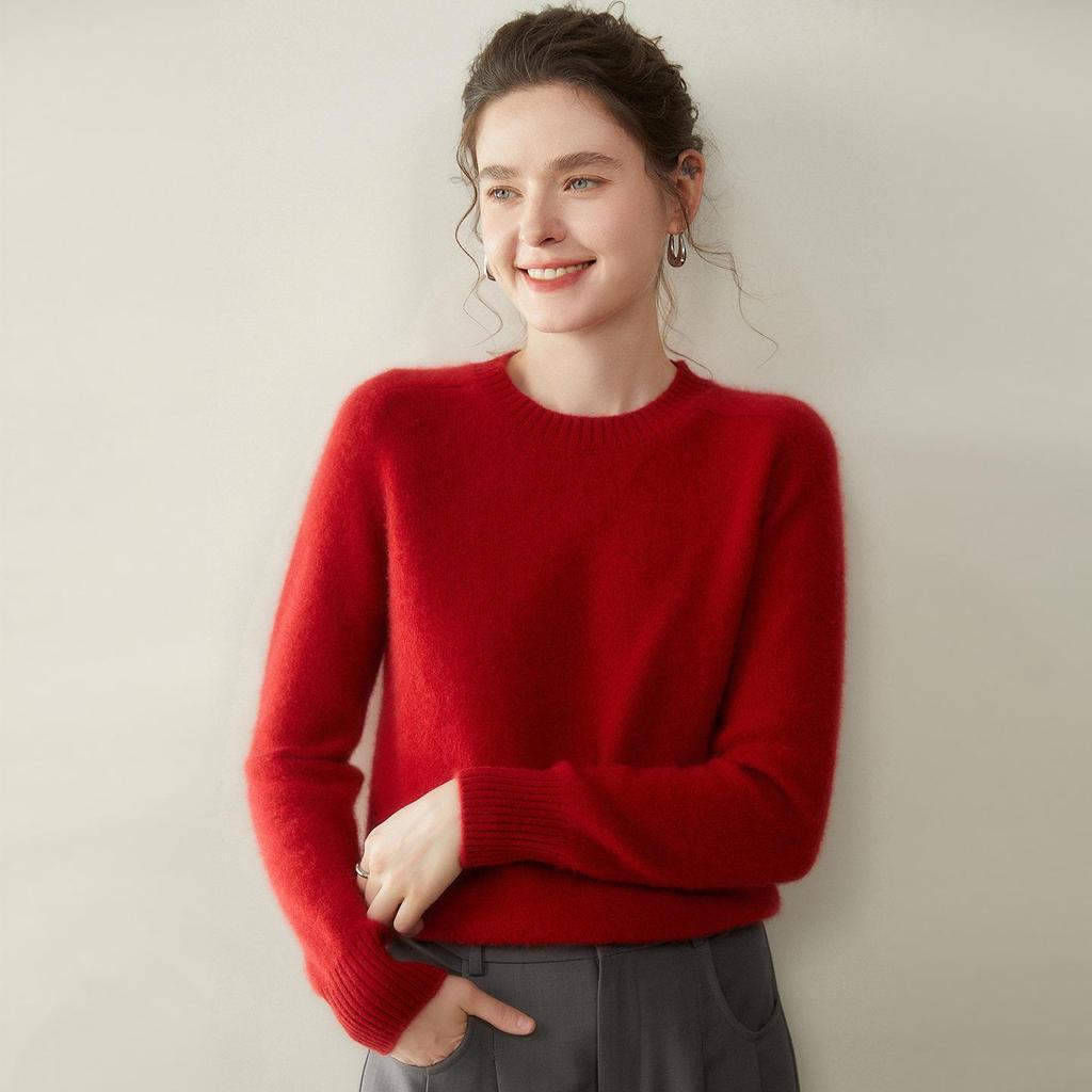 Damen Kaschmir Pullover mit Rundhalsausschnitt - Herbst/Winter Kollektion 2025, Sattelschulter, Verdickt, Uni-Farben, Lockere Passform, Figurschmeichelnde Strick-Basis.