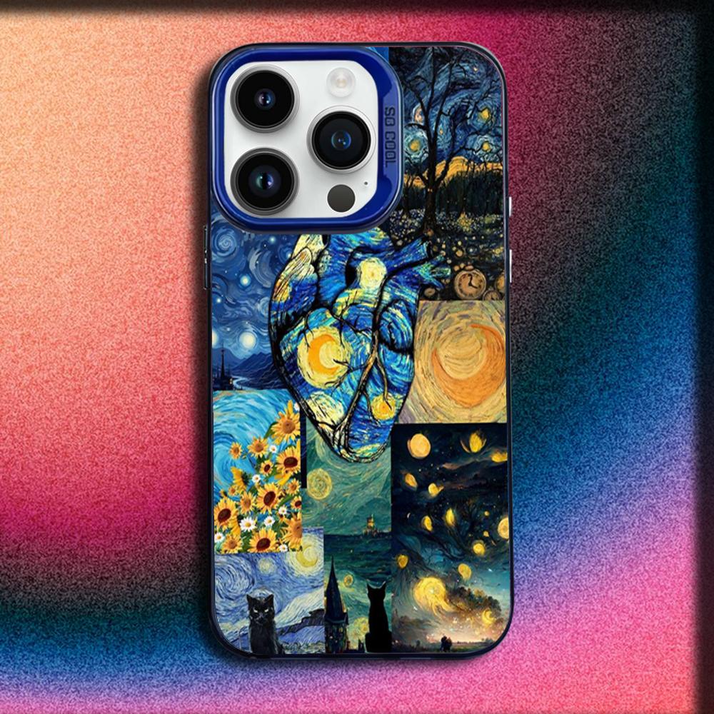 V-Van Gogh Starry Night Sunflower Cat Phone Case For iPhone 16,15,14,13,12,11,Mini,Pro,E,MAX Blue Matte Silicone Cover