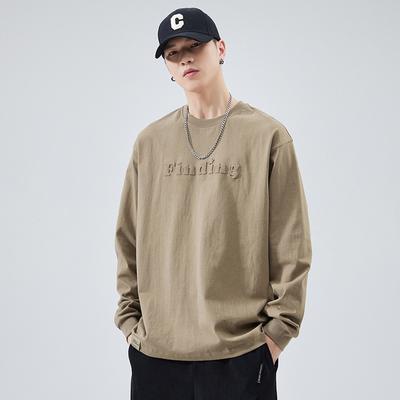American Heavy Cotton T-Shirt Men'S Long-Sleeved Autumn White Round Neck Steel Stamp Loose Large Size Sweater Bottoming Shirt