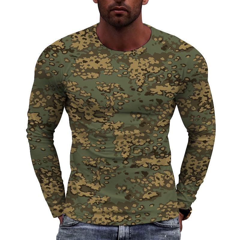 Men's Camouflage Printed Long Sleeve T-shirt European Size Casual round Neck Top Trendy Autumn Wear