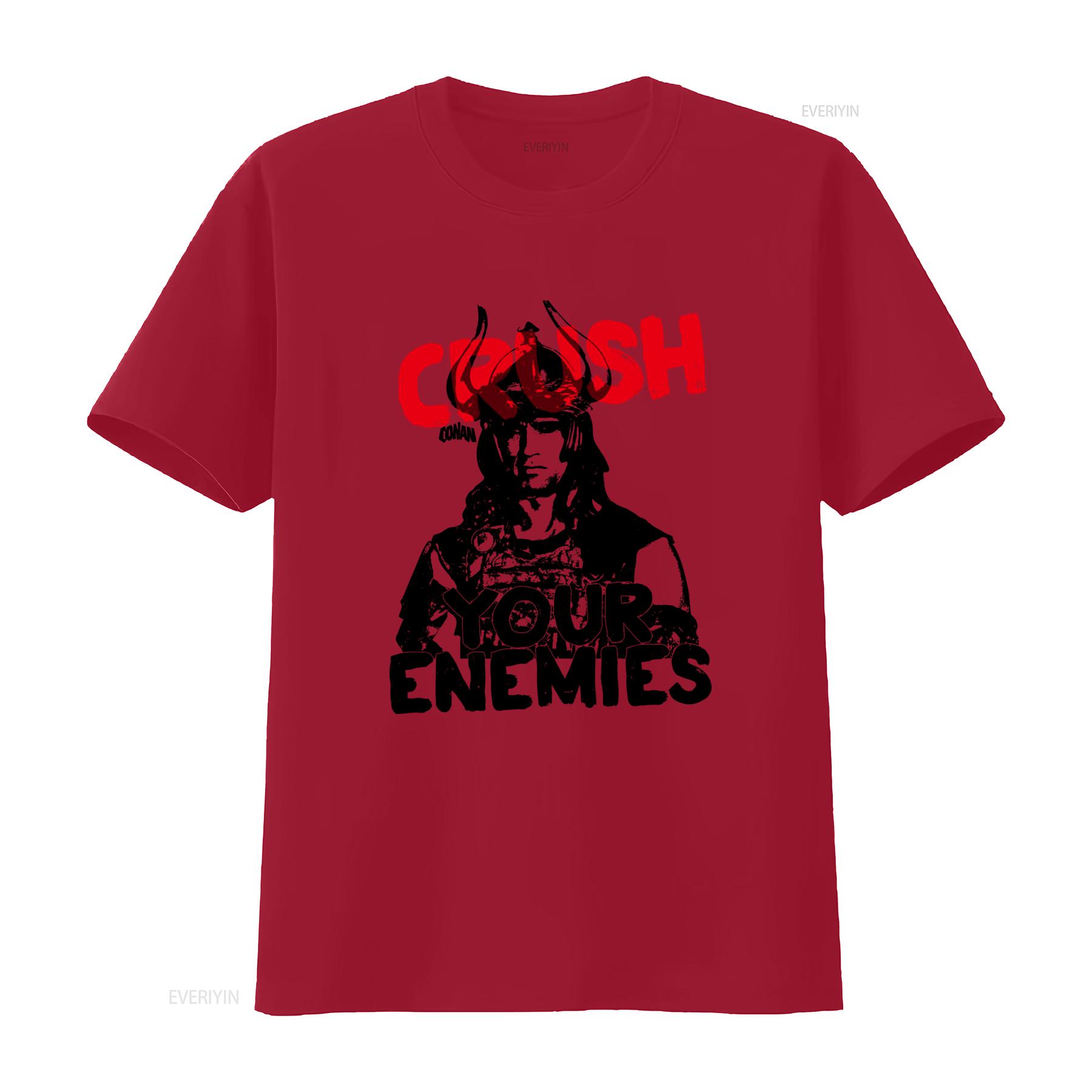 Conan the Barbarian Arnie Crush Your Enemies Mens T Shirt Schwarzenegger Gray Print vintage Washed Soft Breathable homme S