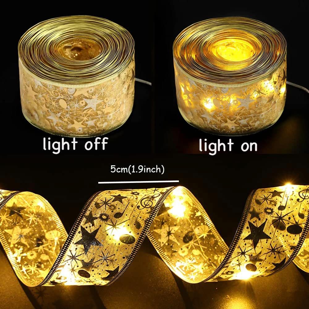 Christmas Tree Decorations Ribbon String Lights 32ft 100 Led Fairy Lights Battery-Powered Copper Wire Ribbon Bows Lights for Christmas New Year Decor