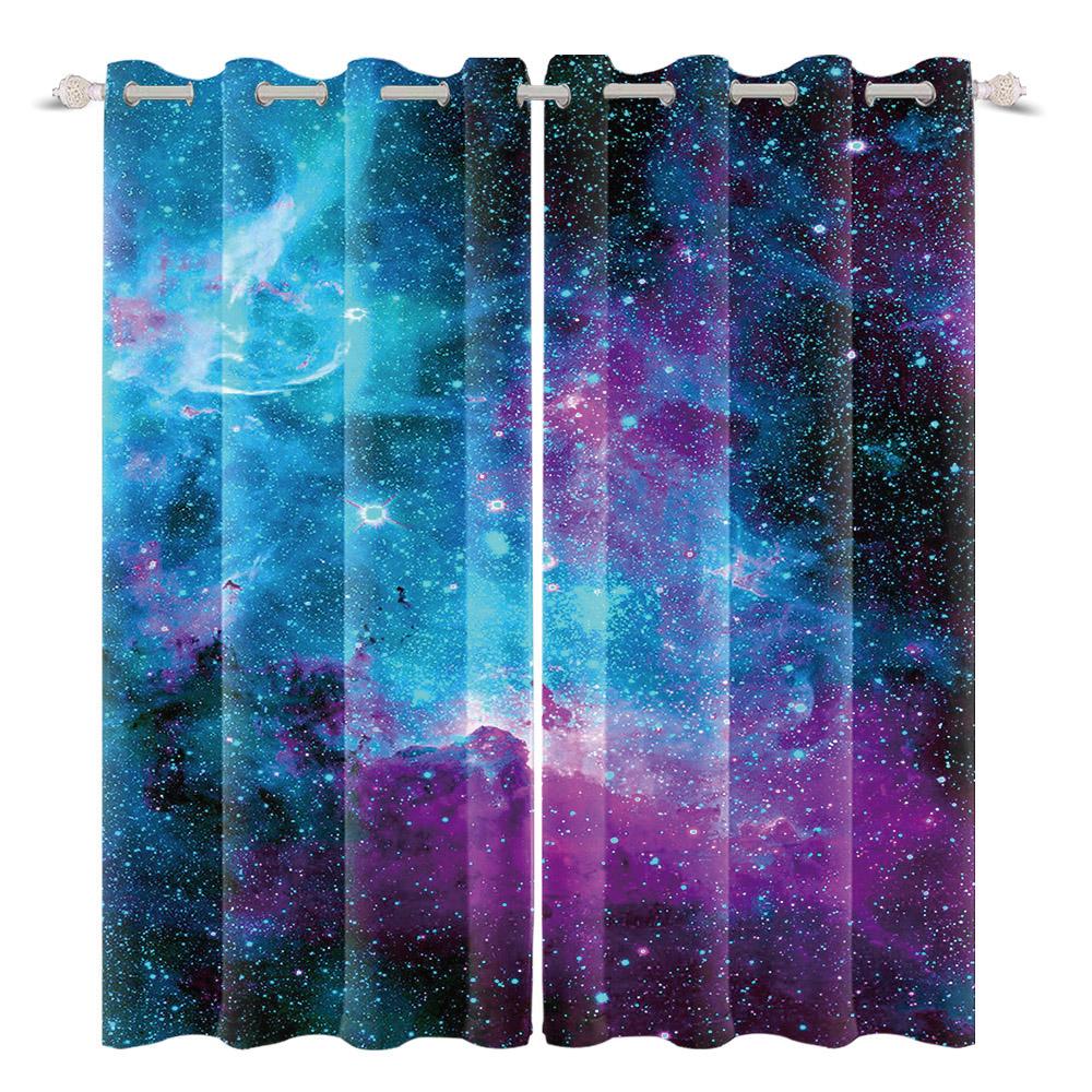 2pcs/set Universe Blue Purple Aurora Window Curtain Outer Space Nebula Home Bedroom Bar Decor Blackout Polyester Fabric Curtains