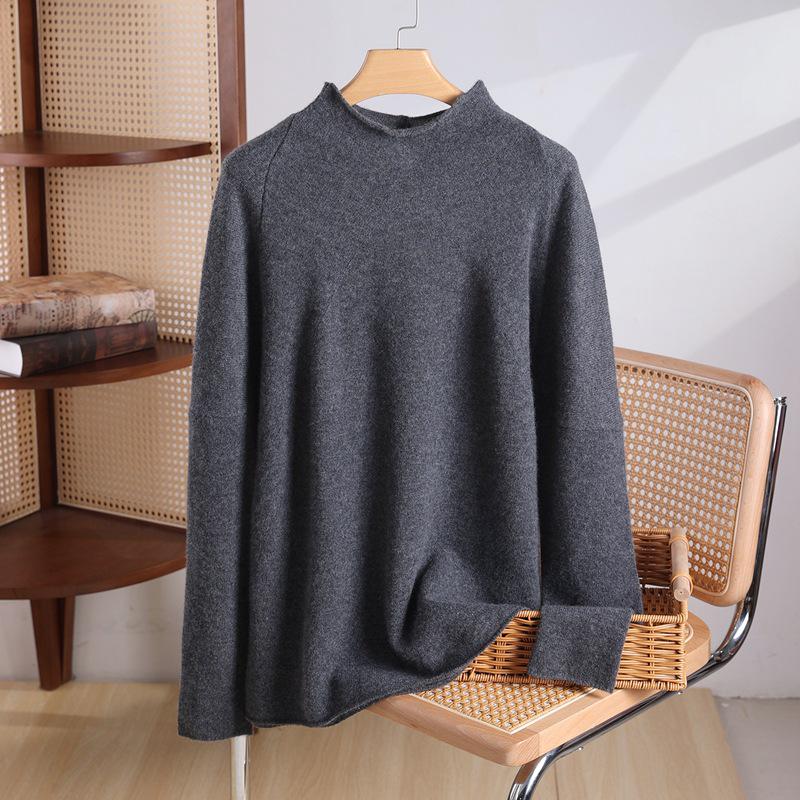 Women's Pure Cashmere Batwing Sleeve Pullover with Rolled Hem and Half-High Neck - Autumn & Winter Style