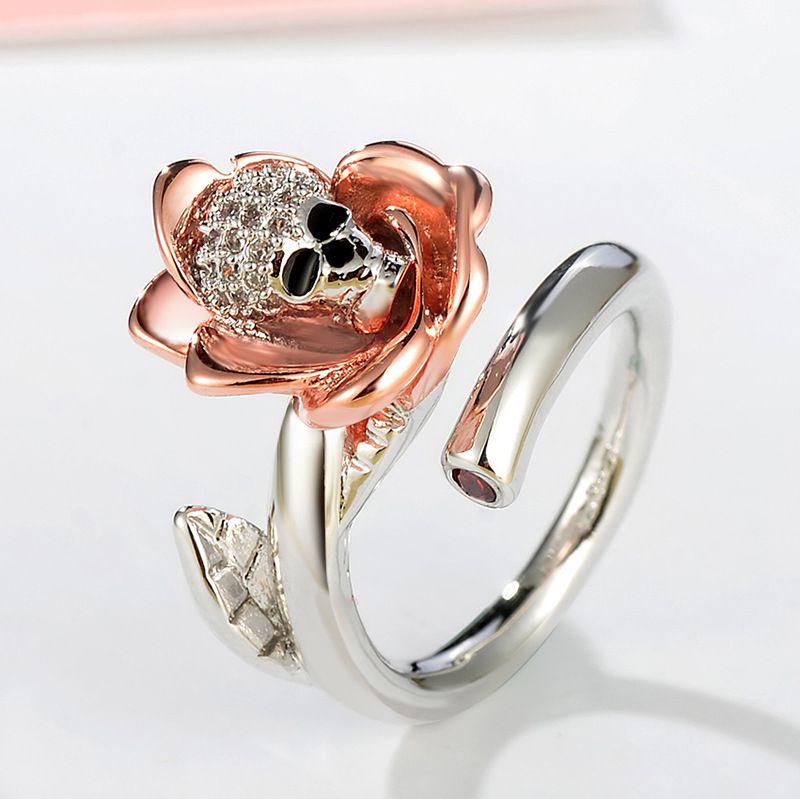 Inlaid Zircon Copper Ring Flower Skull Shape Adjustable Women Accessory Jewelry