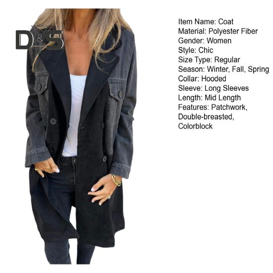 Dámské Jaro Podzim Kabát Džínová bunda Kabát Patchwork Dvouřadý s kapsami s klopou Colorblock Dámský kabát střední délky