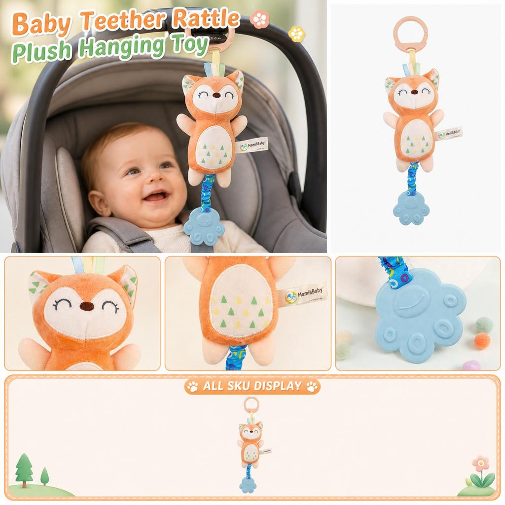 Baby Plush Hanging Toy with Rattle and Teether for Car Stroller