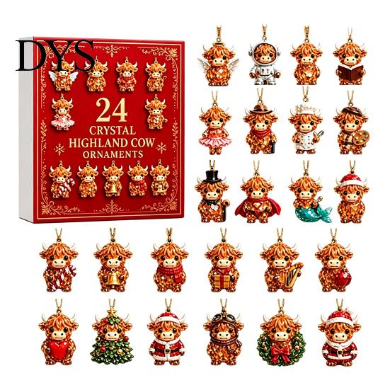 Acrylic Christmas Tree Decorations Highland Cow Advent Calendar, 24 Pcs Hanging Ornaments for Holiday Countdown Gift Box Decoration, Festive