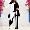 Women Plus Size Two Piece Set Round Neck Long Sleeve Black White Printed Asymmetrical Top And Long Pants