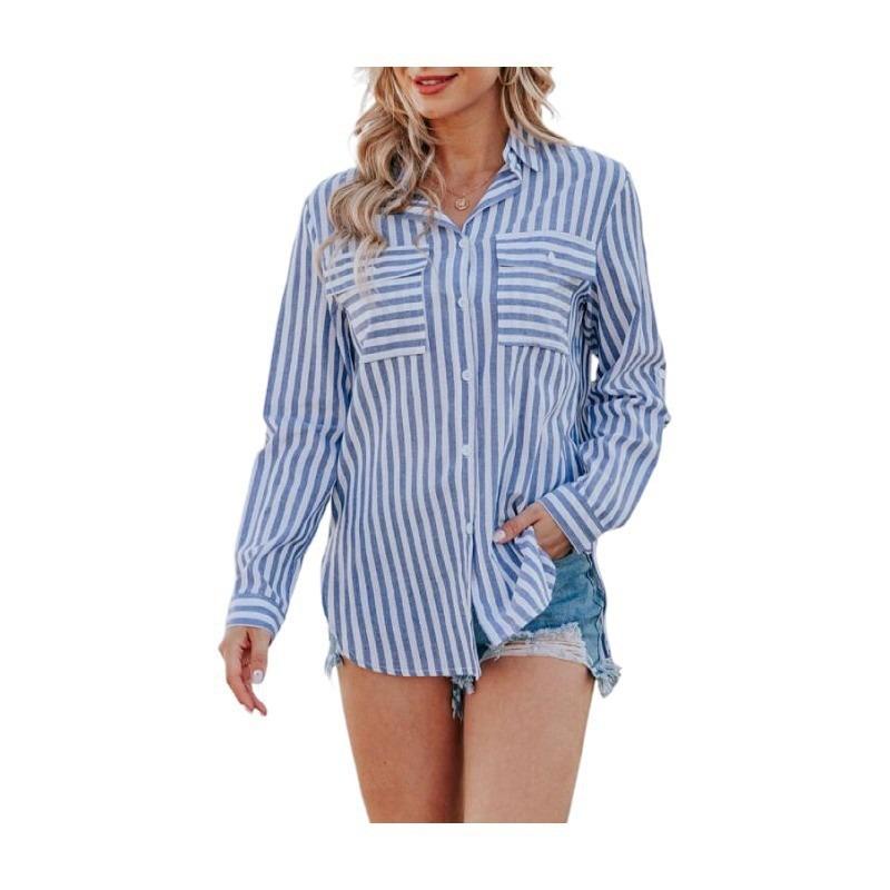 Women Striped Button Down Shirt Casual Loose Pocket Blouse Long Sleeve Top