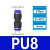 Pneumatic Nylon Air Hose Quick Connect Fittings: PU Straight, PY 5-Way, Cross 4-Way, PZA 3-Way, PE Connector with White/Blue Cap