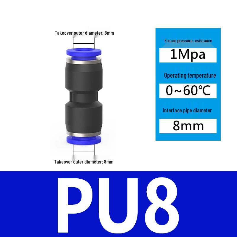Pneumatic Nylon Air Hose Quick Connect Fittings: PU Straight, PY 5-Way, Cross 4-Way, PZA 3-Way, PE Connector with White/Blue Cap