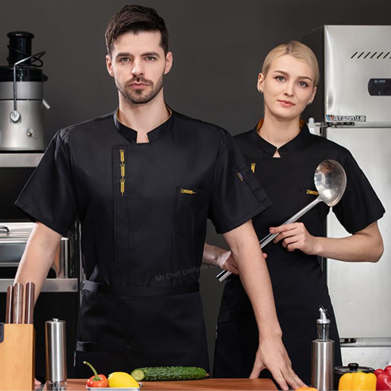 Summer  Men Short Sleeve Chef Jacket Black Uniform Chef Coat Apron Work Clothes Logo Chef Shorts Breathable Restaurant Kitchen