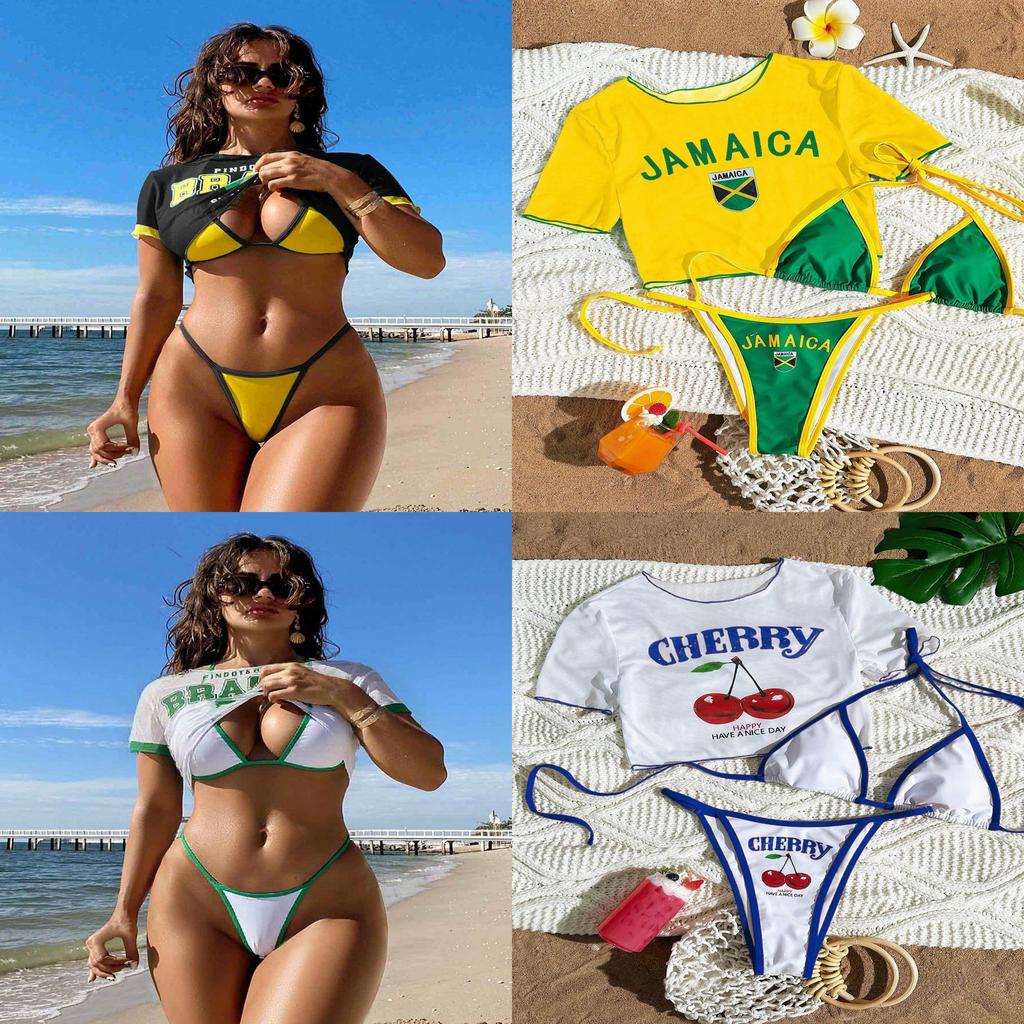Women Short Sleeve Bikini Set With Printed Pattern For Swimming And Water Sports
