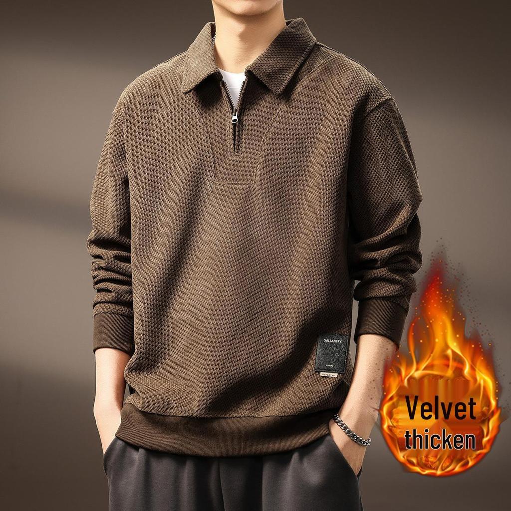 Men's High-End Half-Zip Corduroy Plush Hoodie: European Cotton, Ribbed Long Sleeve, Loose Fit, Autumn Polo Shirt.