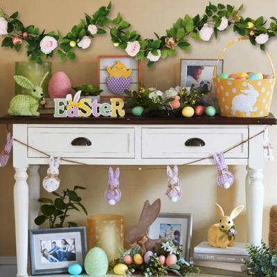 70.8" Artificial Rose Vine Fake Pink Rose Flower Garland with Green Leaves And Easter Eggs Faux Floral Garland for Fireplace Mantle Table Spring