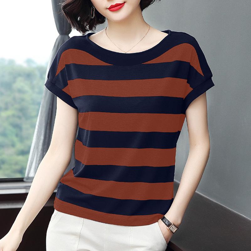 Women Casual Stripe Print Short Sleeve Blouse for Spring/Summer
