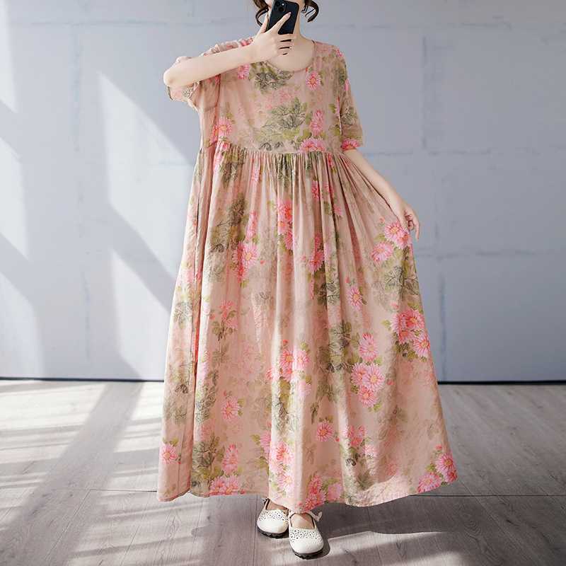 Simple and Fashionable Long Skirt Summer Short Sleeved Round Neck Printed Dress