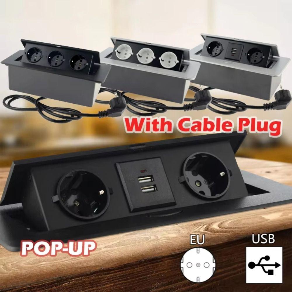 Aluminum Panel Desk Socket EU Socket Desktop Outlet With Cable Plug Hidden Socket  Kitchen Counter
