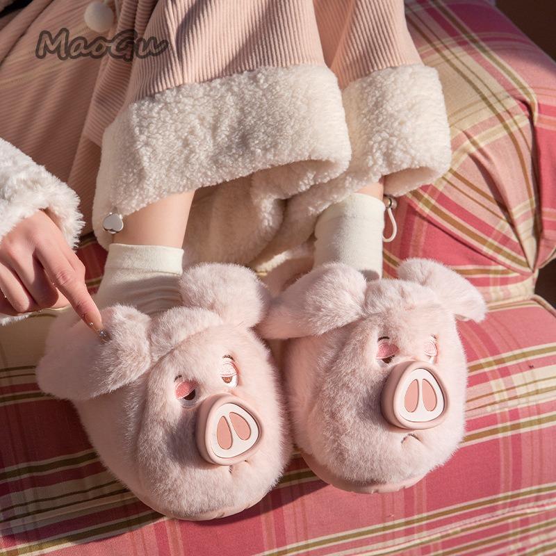 Fashion Cute Plush Pig Slippers for Women 2025 Autumn Winter Non-Slip House Shoes Warm Fleece Lined Cozy Slides Indoor Pantuflas Mujer
