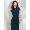 Ultragreen | 1011 New | Navy blue white literary book aroma national style ancient petal collar high-end cheongsam