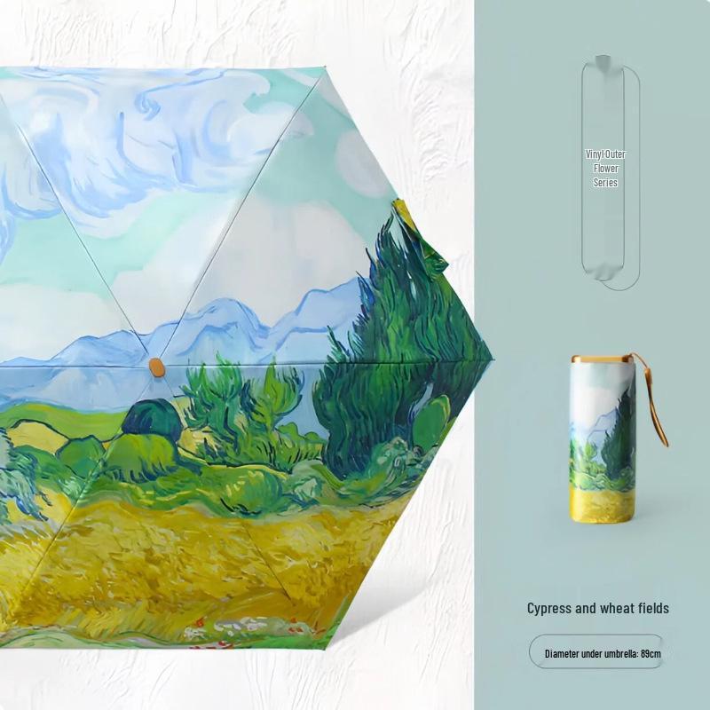 Compact Chinese-Style Oil Painting Umbrella: Portable, Manual Open, UV Protection for Sun & Rain