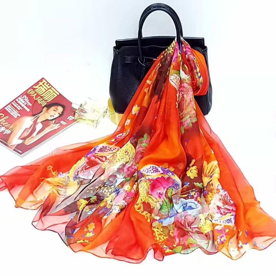130x200cm Silk Scarf Folral Women Summer Hijab Luxury Print Sunscreen Bandana Foulard Pashmina Scarves Echarpe Shawl Large Wrap