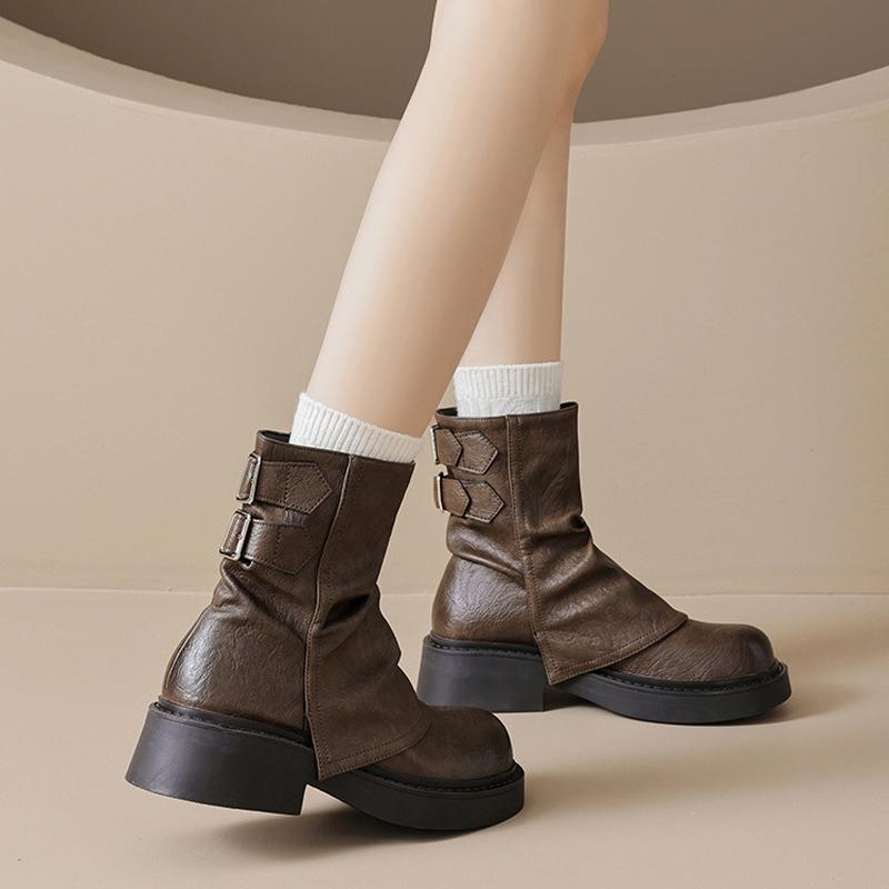 High Quality Retro Maillard Short Boots Women's Spring and Autumn Single Boots New Thick-soled Brown Trousers Knight Martin Boots