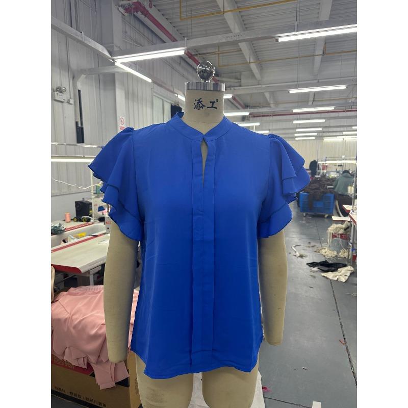 Damenhemd Sommer Neu V-Ausschnitt Lässig Rüschen Kurzarm Einfarbig Locker Hemd Oberteile Damen Elegant Mode Lässig Damenblusen