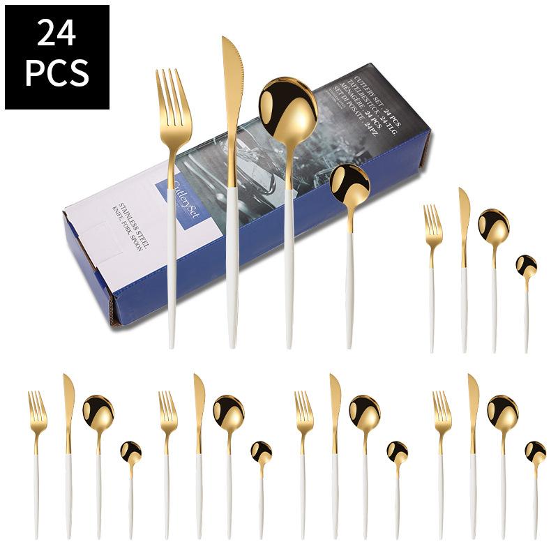 24pcs Gold Dinnerware Set Stainless Steel Steak Knife Fork Coffee Spoon Teaspoon Flatware Dishwasher Safe Kitchen Tablewar