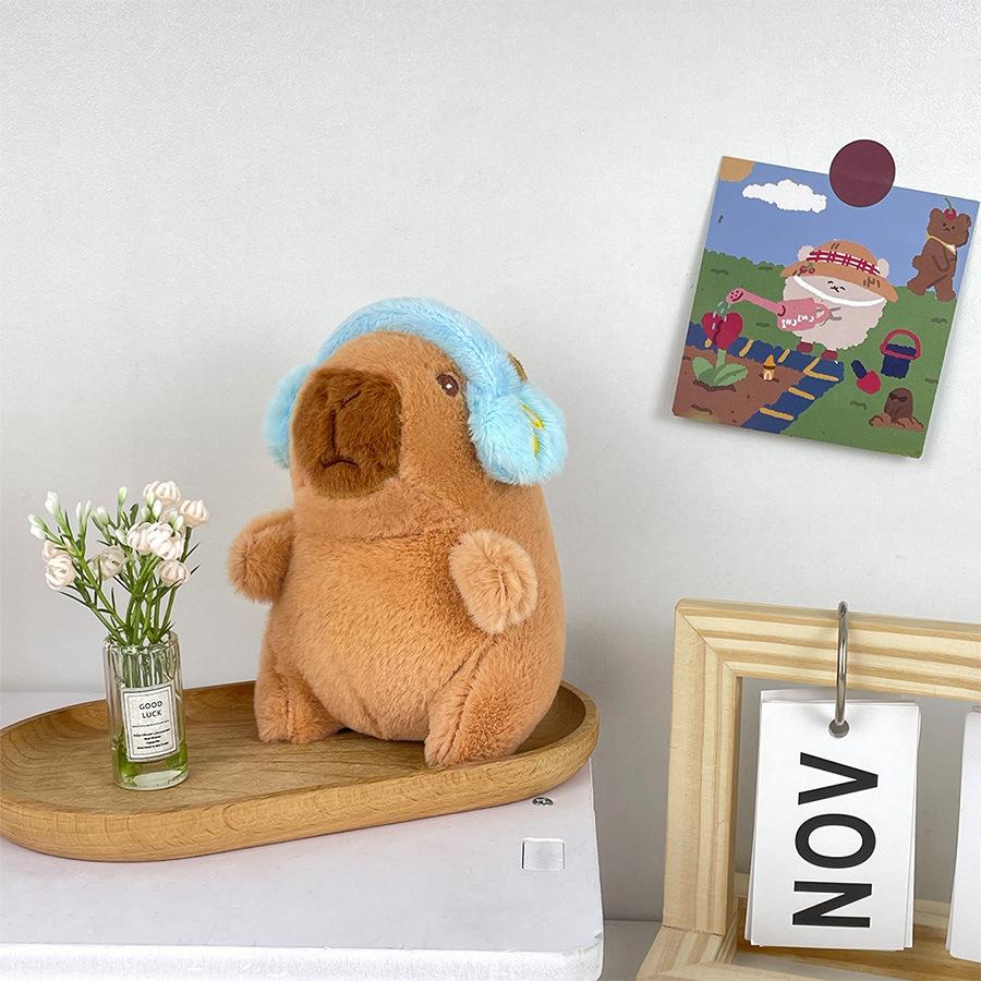Cute Capybara with Headphones Kids Toy Head Cover Cappibala Doll Keychain Pendant Soft Stuffed Animal Doll Couple Keychain Gift