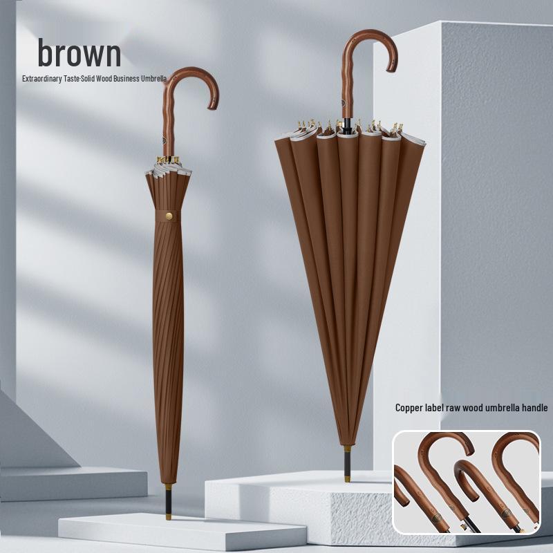 Men's Extra Large 24-Rib Solid Color Business Umbrella with Wooden Handle and Logo Print