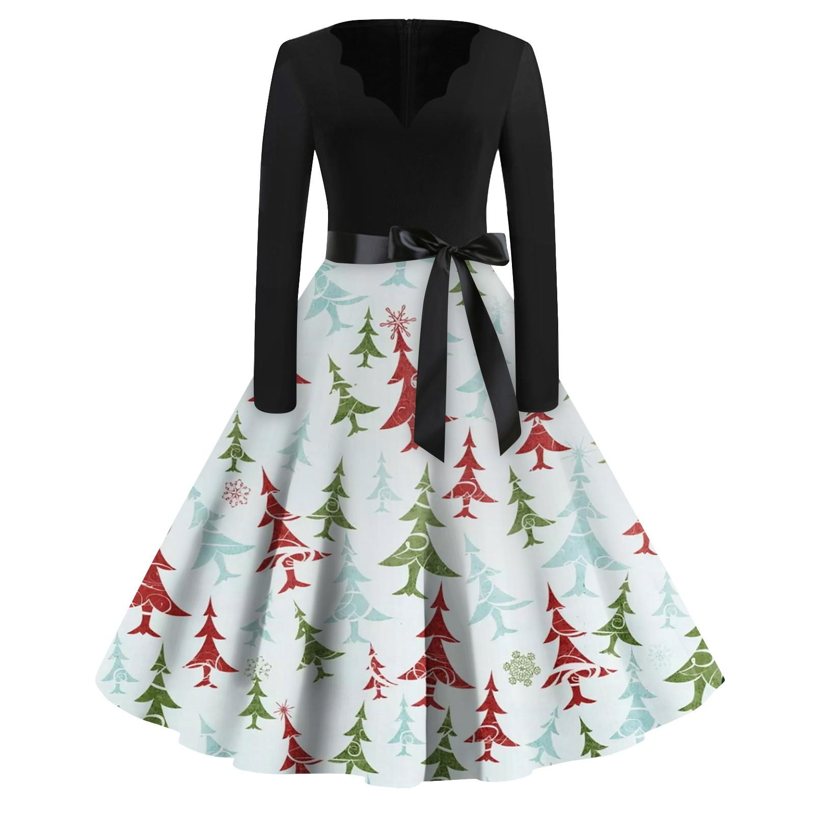 Женская мода винтаж с длинным рукавом и V-образным вырезом с рождественским принтом — фото 12