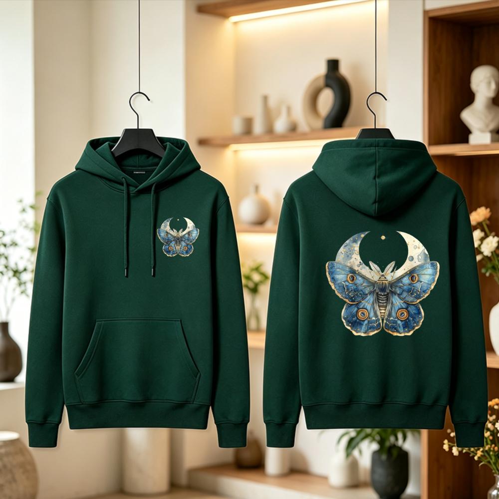 Cottagecore Green Celestial Moth Hoodie Blue Butterfly Moon Graphic Pullover Cozy Unisex Women Fall Winter Top Aesthetic