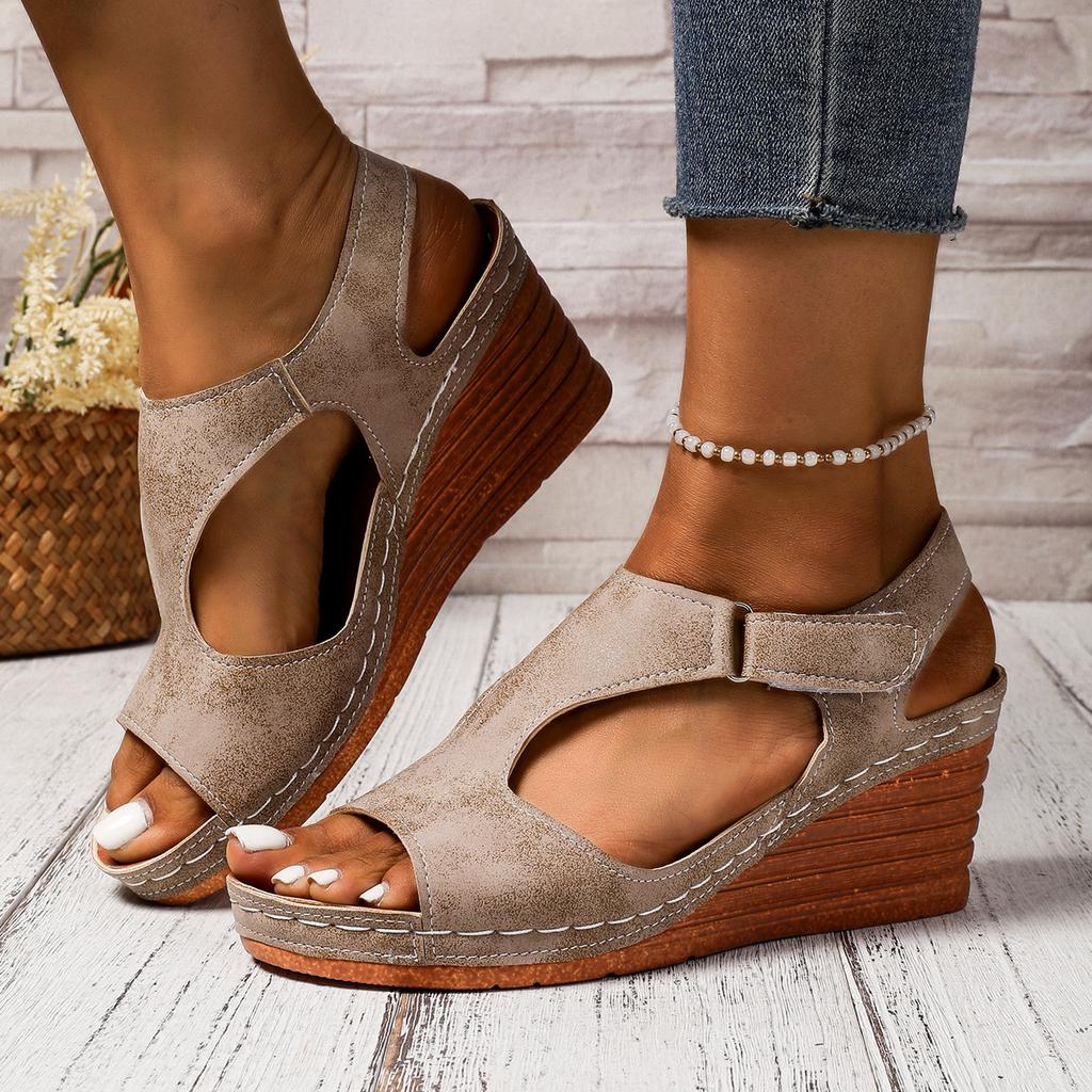 Summer New 2025 Plus Size Sandals Women's Stitching Breathable Velcro Hollow Wedge Sandals Women