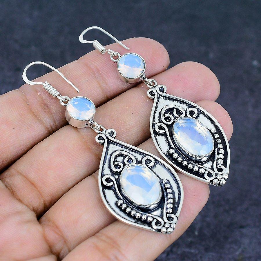 Milky Opal Gemstone 925 Sterling Silver Earring 2.76"
