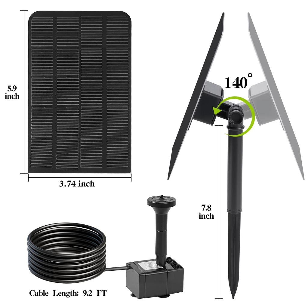 2.5W 5V Separated Solar Water Fountain Pump Kit with 5 Spray Nozzles Outdoor Water Feature for Bird Bath Small Pond Garden Decoration