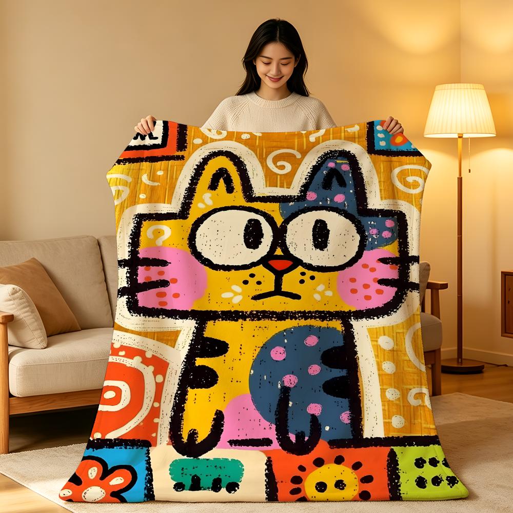 Art Graffiti Style Cat Throw High-Density Short Plush Blanket Soft Skin-Friendly for Sofa Nap Air-Conditioned Room