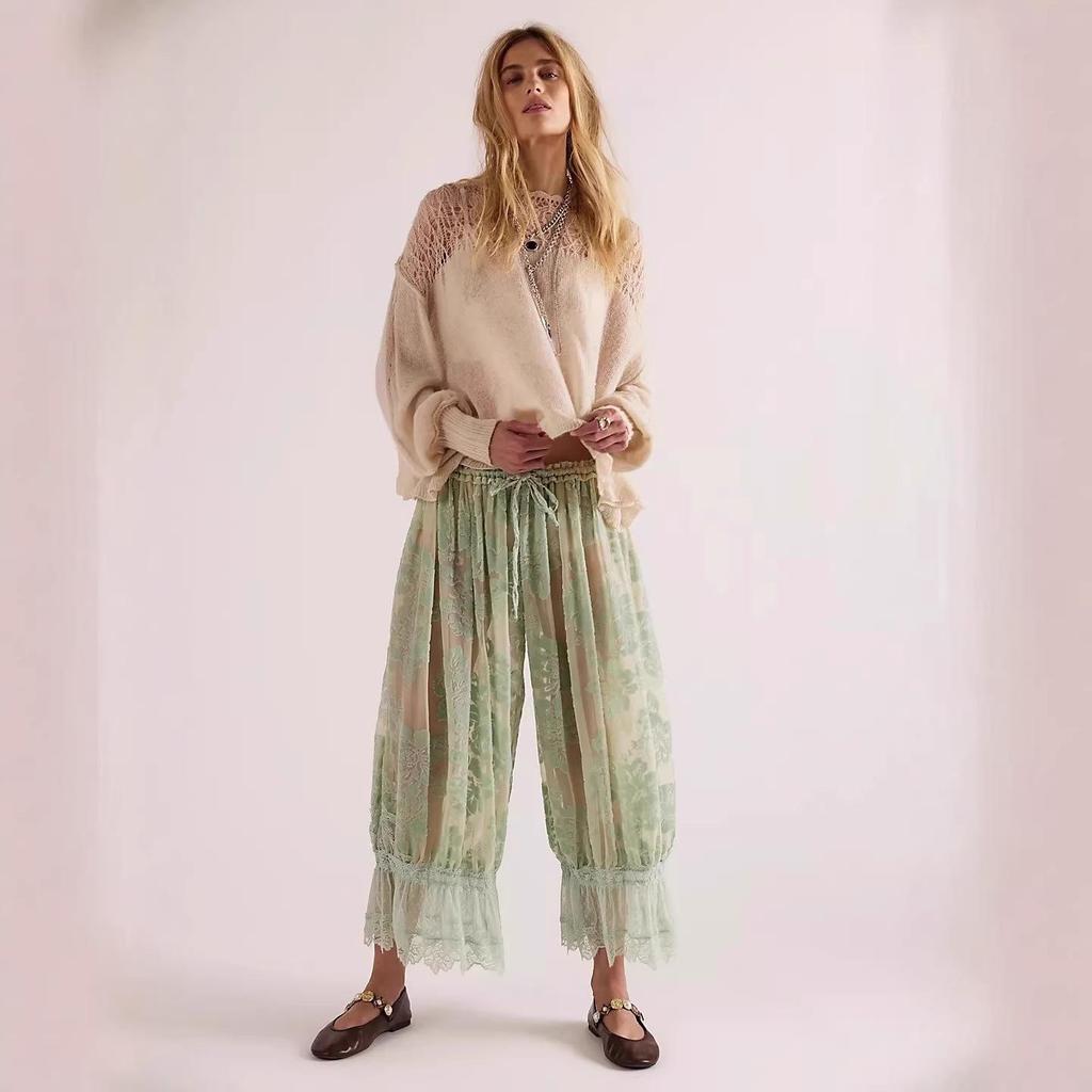 Pantaloni a Lanterna da Donna 2026 Stile Europeo e Americano con Bordi in Pizzo a Vita Alta - Moda Casual Larga Corti.